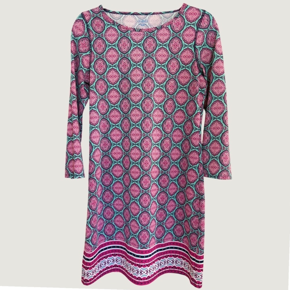 Cabana Life Pink and Aqua Medallion Print Shift Dress 3/4 Sleeve UV Resistant